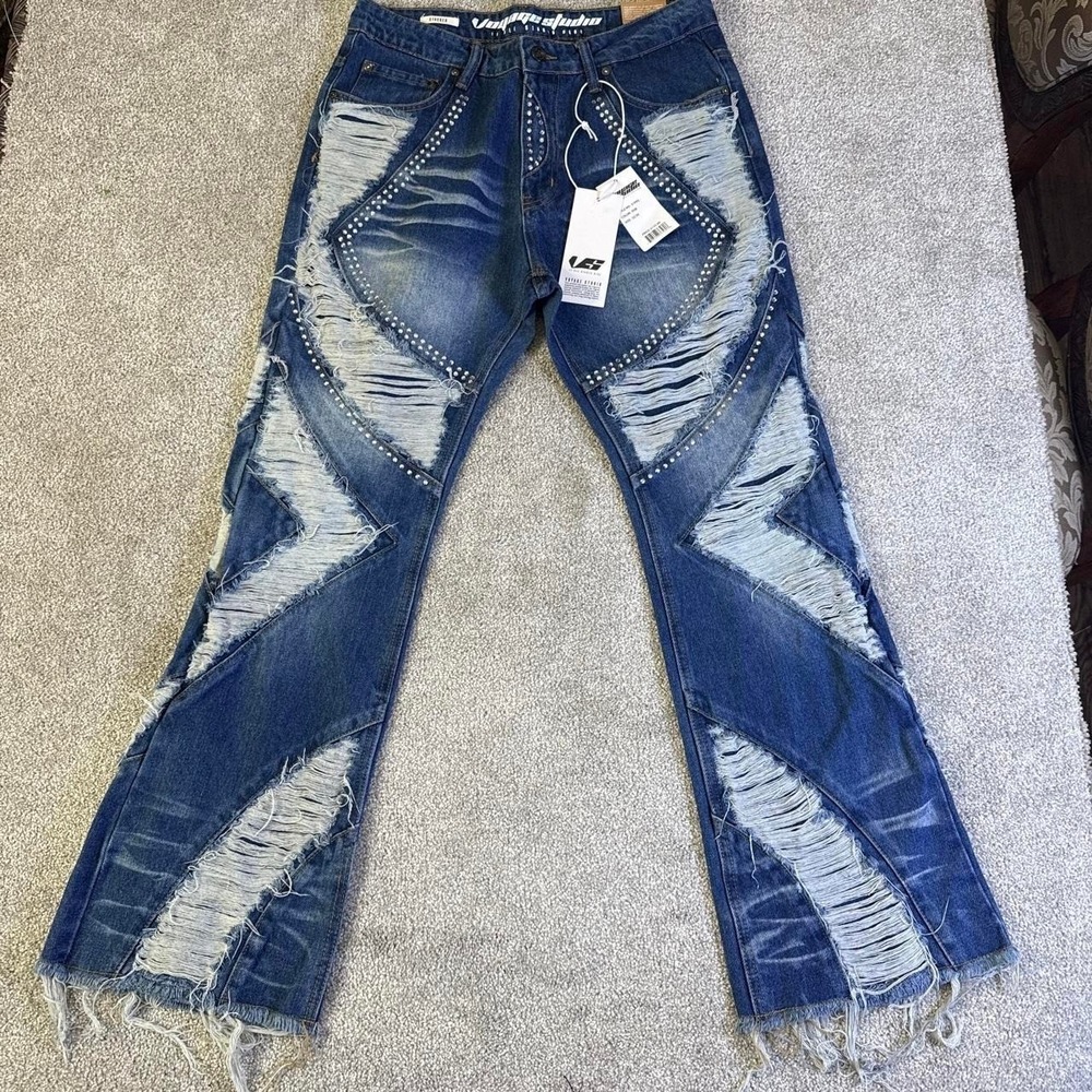NWT Voyage Studio Stacked Distressed Jeans Blue Denim 32x30